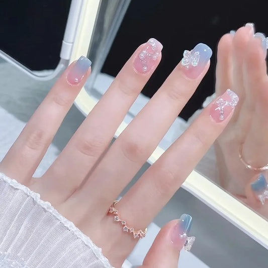 24pcs Cat's Eye Tips Press on Nails Reusable Gradient Brown Short Ballet Fake Nail Sets with Diamond Design Square False Nails