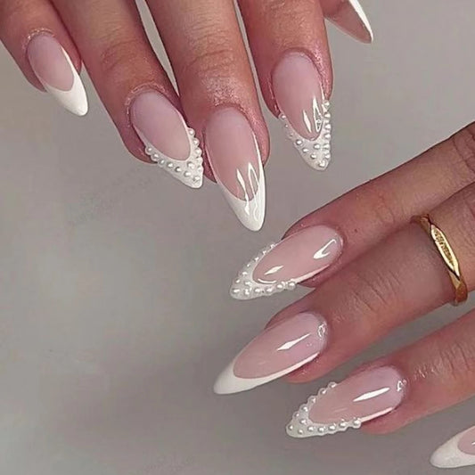 24PCS/ French white edge Almond fake nails instantly upgrade your look, pearl trim, exquisite elegance suitable for stylish girl