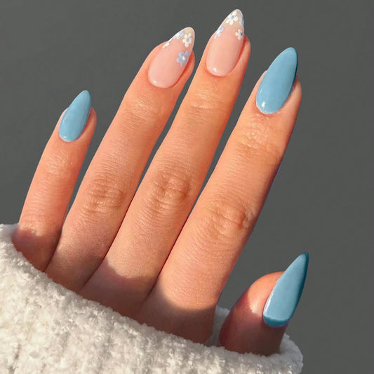 24pcs Upgrade Your Look With Blue and White Flower-Designed Almond False Nail Set 1pc Nail File & 1Nail Glue Sticker Kit Nails