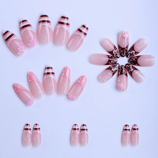 24pcs Spring Day Sweet False Nails Cute Pink Flower Star Pearl Designs Press On Nails Stripes French Style Almond Fake Nail