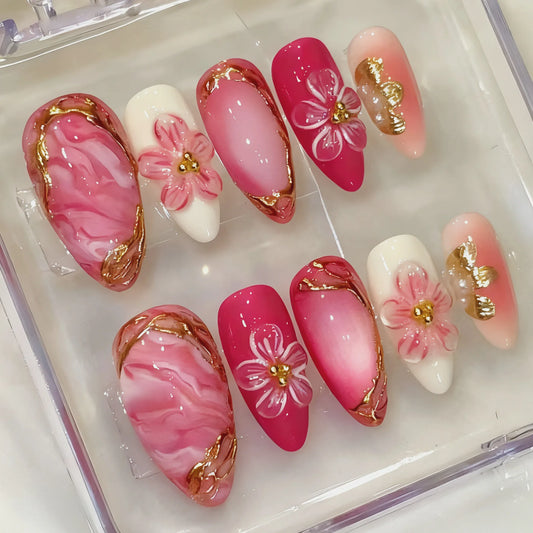 24Pcs Gilded 3D Flower Press on Nails Black French Leopard Print False Nails Mid-length Almond Wearable Full Cover Fake Nail Tip