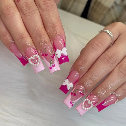 24pcs Press on Nails Short Almond Bowknot Black Press on Nails White Pearl Sweet French Tip Press on Nails Cute Nail Artificial