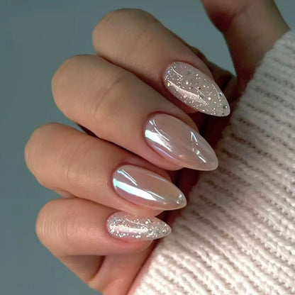 24pcs Aurora Nude Pink Press on Nails Almond Acrylic Simple Fake Nails with Gradient Design Nail Chrome Solid Color False Nails