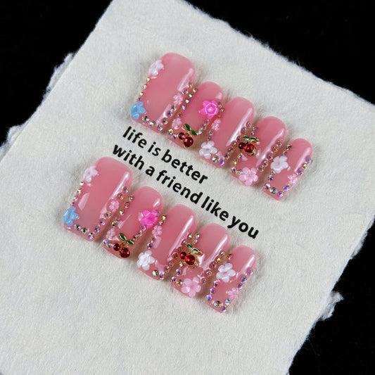10pcs high-end Sweet girl style, hand-painted three-dimensional patterns, fine glittering small diamonds handmade fake nails