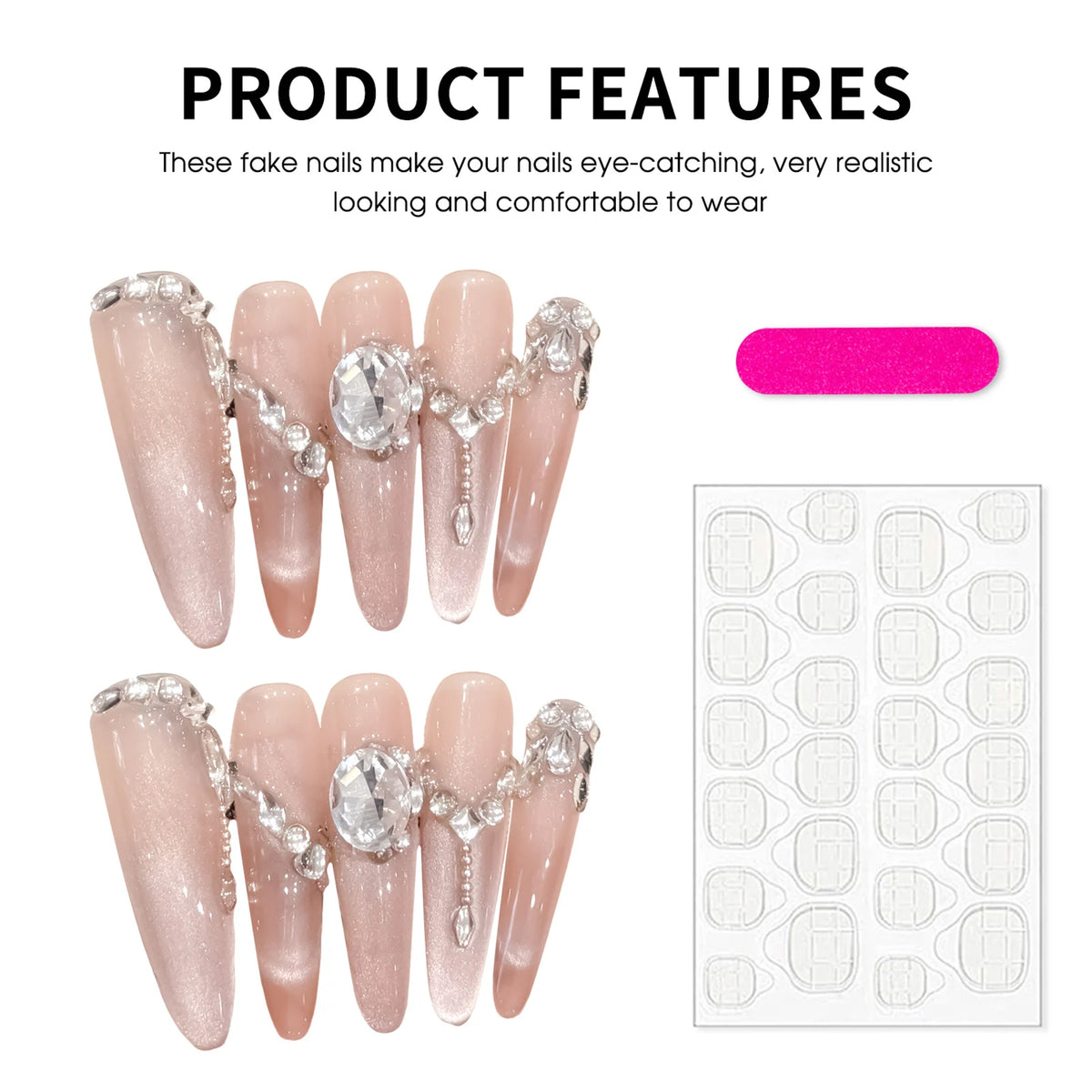 10pcs Long Ballerina Almond False Nail Tips Handmade Glossy Pink Cat's Eye Press On Nails Sweet Simple Gentle Fake Nail For Girl