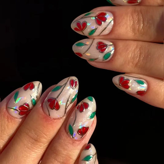 24pcs Red Full Cover Nail Tips with Flower Pearl Design Short Almond Fake Nails Art Wearable French Design Press on False Nails