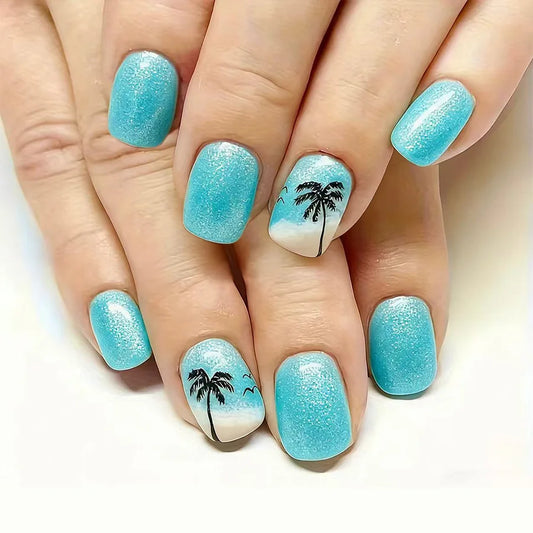 24Pcs Blue Shiny Powder Manicure Tips Summer Beach Coconut Tree Press on Fake Nails Full Cover Short Square Wearable False Nails