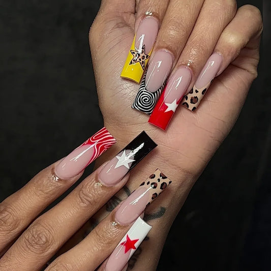 24pcs Sweet Cool y2k Star Press on Nails Leopard Print French Long Ballet Fake Nails for Women Wearable Gothic Punk False Nails