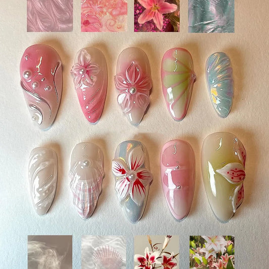 24pcs Glossy Shell Pearl Design False Nails Gradient Colorful Full Cover Almond Wearable Fake Nail Tips Flower Press on Nails
