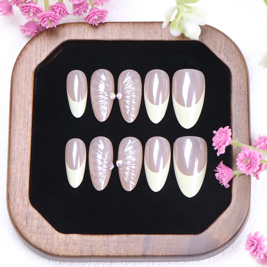 10PCS Short Almond Yellow French Pointed Fake Nails With 3D Spiral Rhinestone Design Shimmering Acrylic Nails For Ladies-Girls