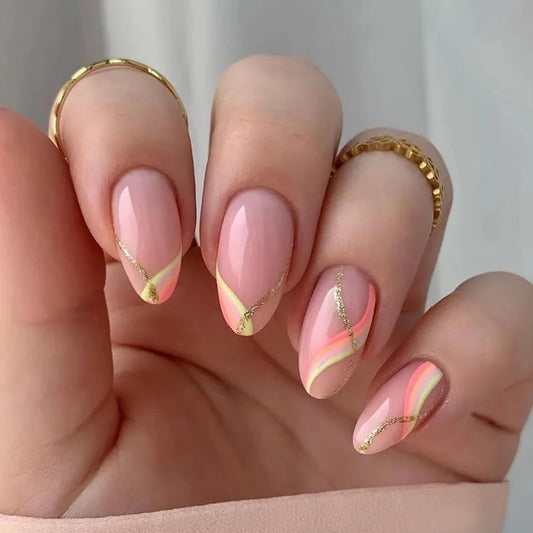 24pcs Brown White Stripe Press on Nails Simple Short Almond False Nails Tips Round Head Fake Nail Reusable French Stick on Nail
