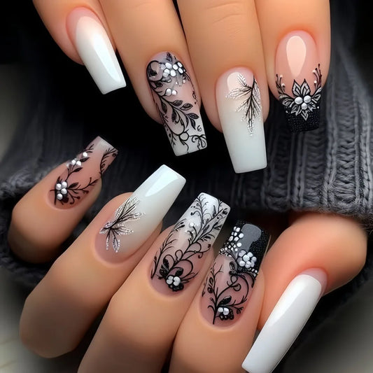 24pcs Mid-length Ballet Fake Nail Art Flower Pattern Gradient White Coffin Press on Nails Sets Simple Detachable False Nails Tip
