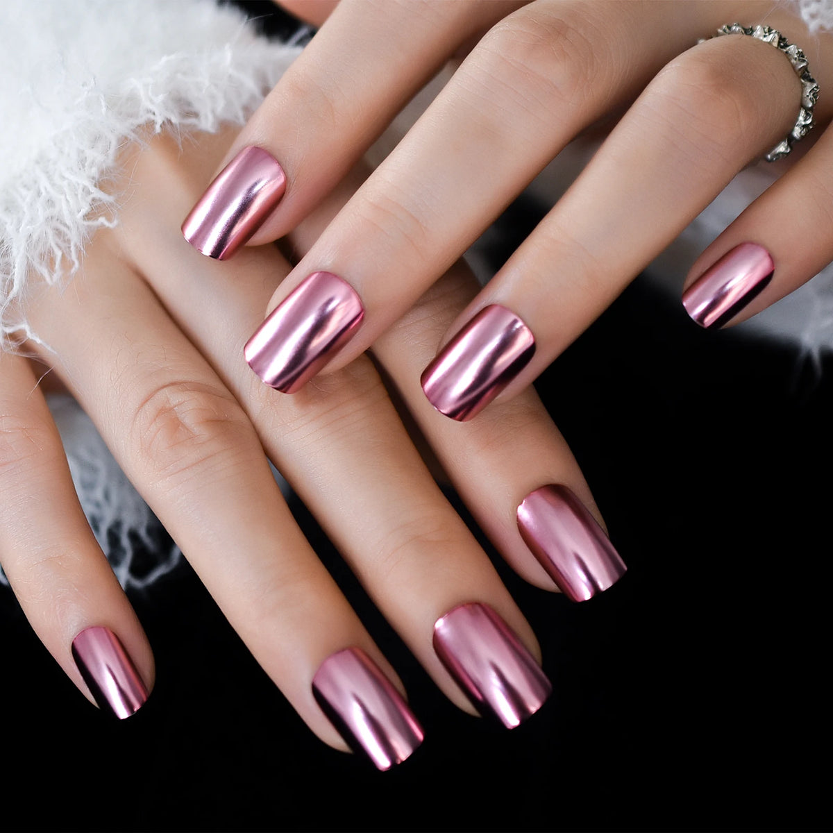 Chrome Punk Metallic PinkSquare Press On False Nails Medium Short Length Fingernails Bright Acrylic Manicure Art Tips 24pcs/Set
