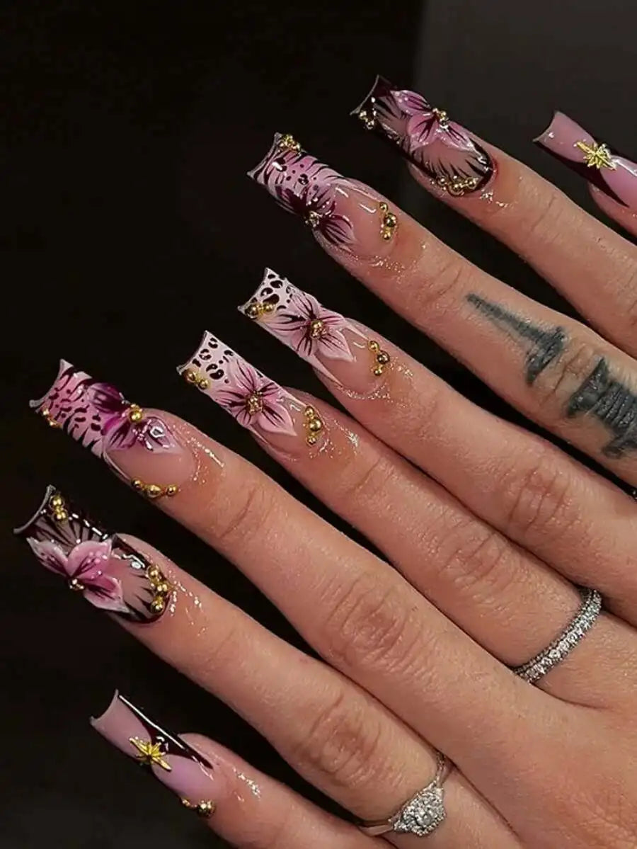 24pcs/Set Y2K French Medium Length Nail Tips, Sweet 3D Pink Flower & Wavy Design With Golden Beads Accent, Press-On Artificial