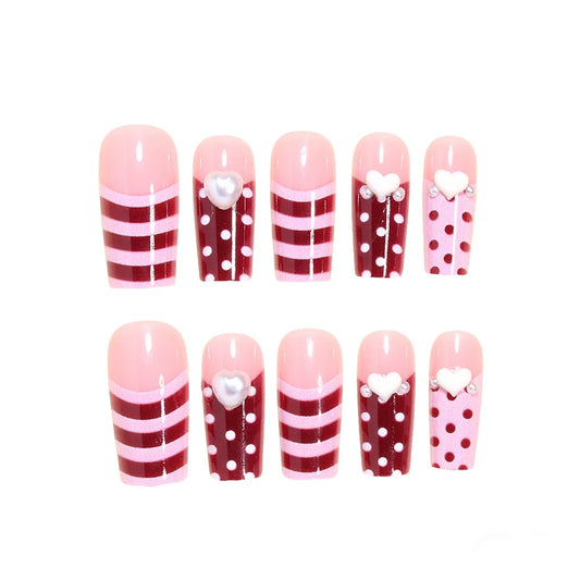 Red/Pink French Tips Fake Nails 24Pcs Long Ballerina Press On Nails Stripe/Polka Dot Printed Detachable Stick-on False Nails