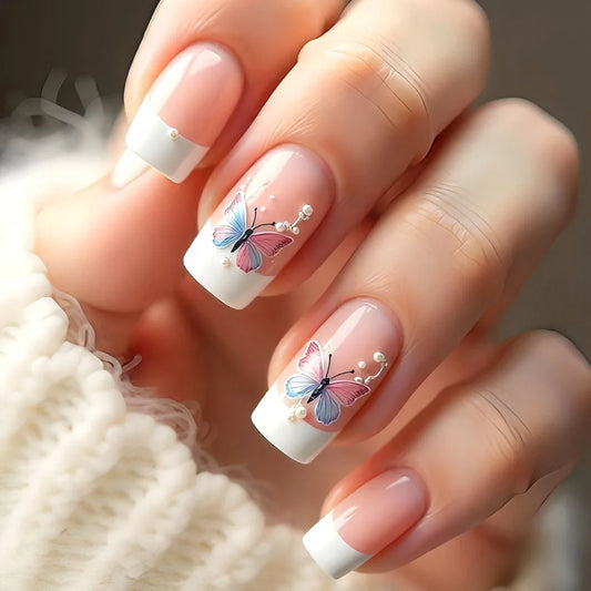 24pcs Pink False Nails Sets Mid-length Ballet Press on Nails Art with Flower Design Simple Coffin Fake Nail Tips Full Cover Nail