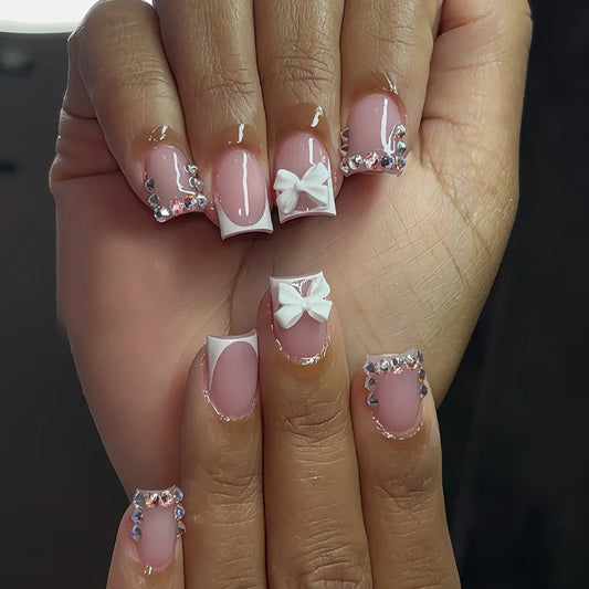24pcs White French Fake Nails with Diamond Design Tips Press on Nails Short Square Full Cover Nail Glitter Bow Ballet False Nail