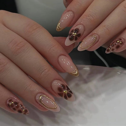 Wine Red French Wearable Nail Art Flowers Petal Halo Dyeing Almond False Nails Detachable Finished Fake Nails Press on Nails