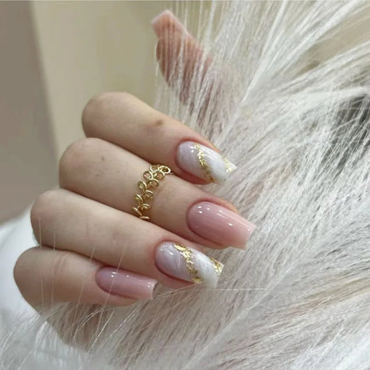 24pcs Wearable Ballet False Nails Tips with Shiny Powder Stripes Design Fake Nail Sets Pink Mid-length Square Press on Nails Art