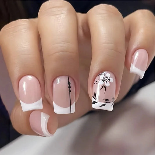 24pcs Finished White French False Nails Art Flower Leaves Design Stick on Fake Nail Tips Simple Short Ballet Press on Nails Sets