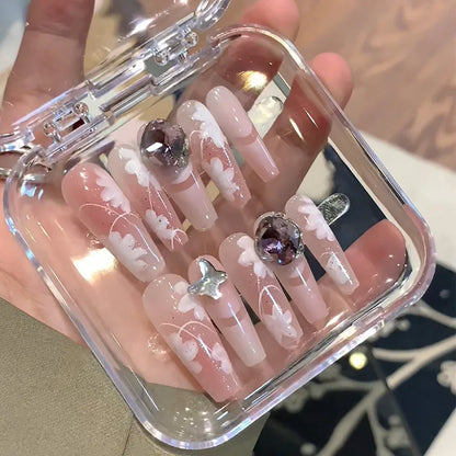 Sakura – Pink Cat Eye Pearl French Coffin Press-On Nails