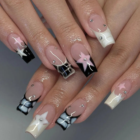 24pcs Wearable Ballet False Nails Tips with Shiny Powder Stripes Design Fake Nail Sets Pink Mid-length Square Press on Nails Art