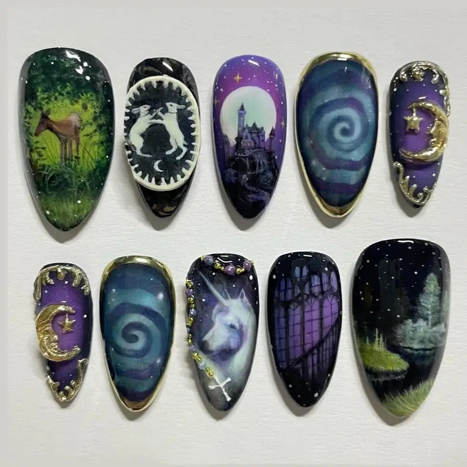 24Pcs Mid-length Almond Press on Fake Nails with Insect Flower Button Design Full Cover Nails Tips Reusable Finished False Nails