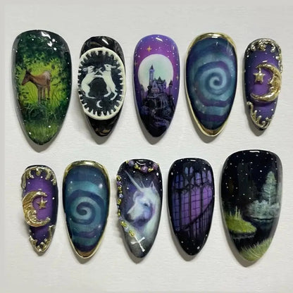 24Pcs Mid-length Almond Press on Fake Nails with Insect Flower Button Design Full Cover Nails Tips Reusable Finished False Nails