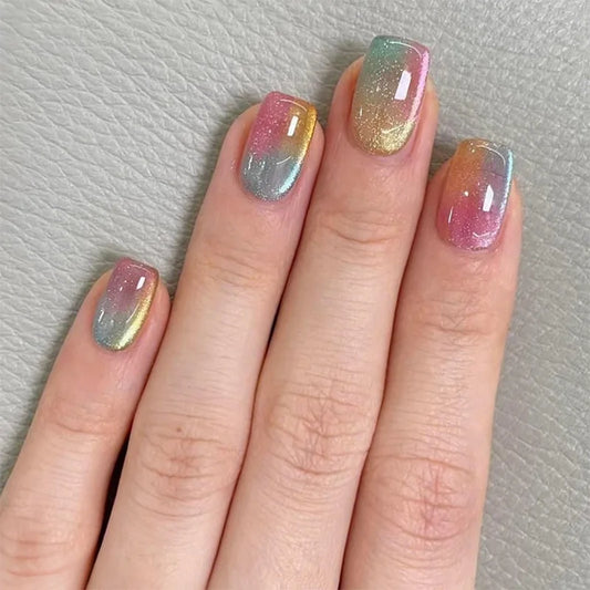 24Pcs  Gradient Color Fake Nail Simple Short Ballet Wearable False Nails with Cat Eye Design Press on Nails Full Cover Nail Tips