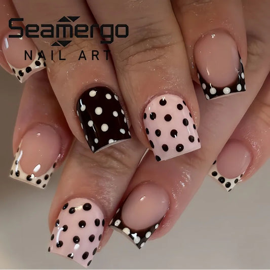 24PCS Short Square Fake Nails Polka Dot French Design Press on Nails Sweet Gentle Glossy False Nails Fashion Elegant Nail Art