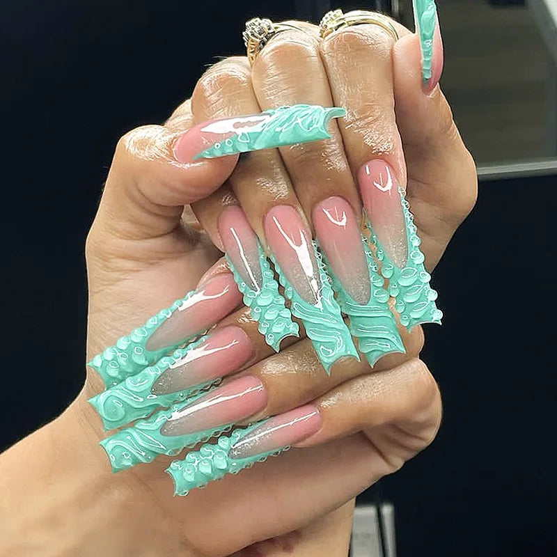 24Pcs Long Square Head Press on False Nails French Colorful 3D Flower Butterfly Design Fake Nail Reusable Full Cover Nails Tips