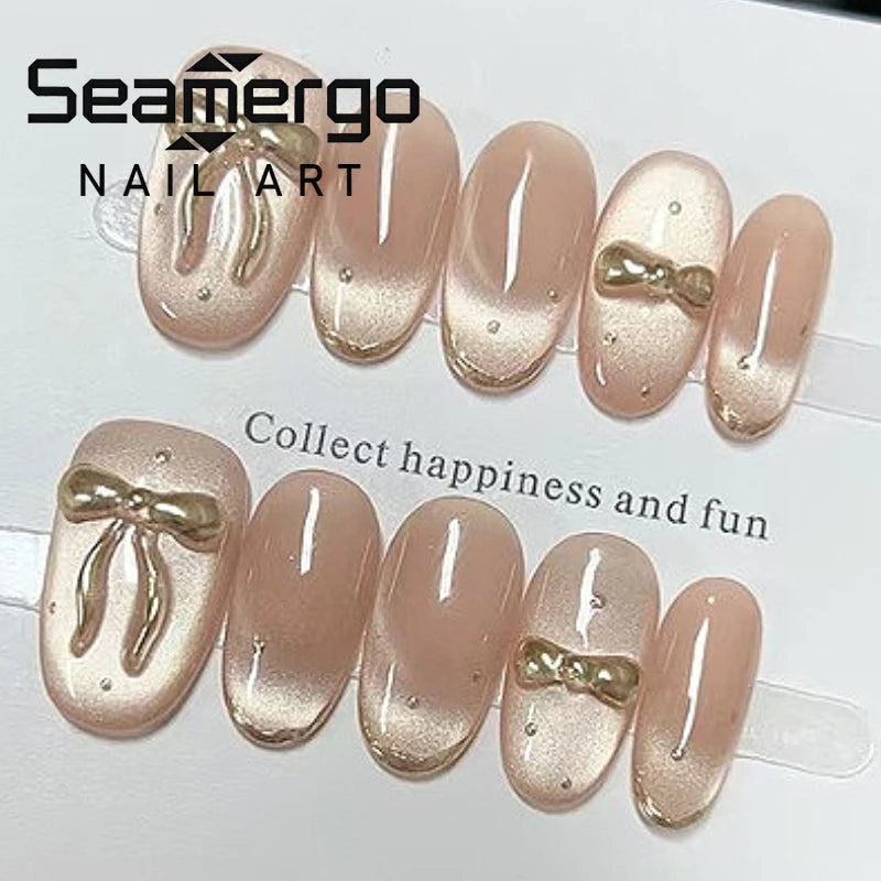 10PCS Handmade Nude Shiny Cat Eye with Bowknot French Sweet Simple Luxury Designs Short Oval Press on Nails Fake Nails for Girls