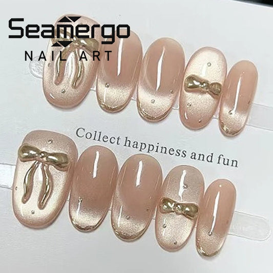 10PCS Handmade Nude Shiny Cat Eye with Bowknot French Sweet Simple Luxury Designs Short Oval Press on Nails Fake Nails for Girls