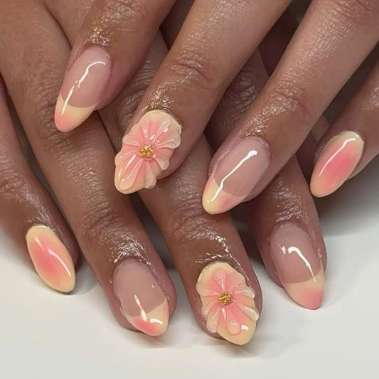 3D Medium long fake nails for women embossed flowers rhinestones Y2K red blue almond ballet nail tips press on false nail art