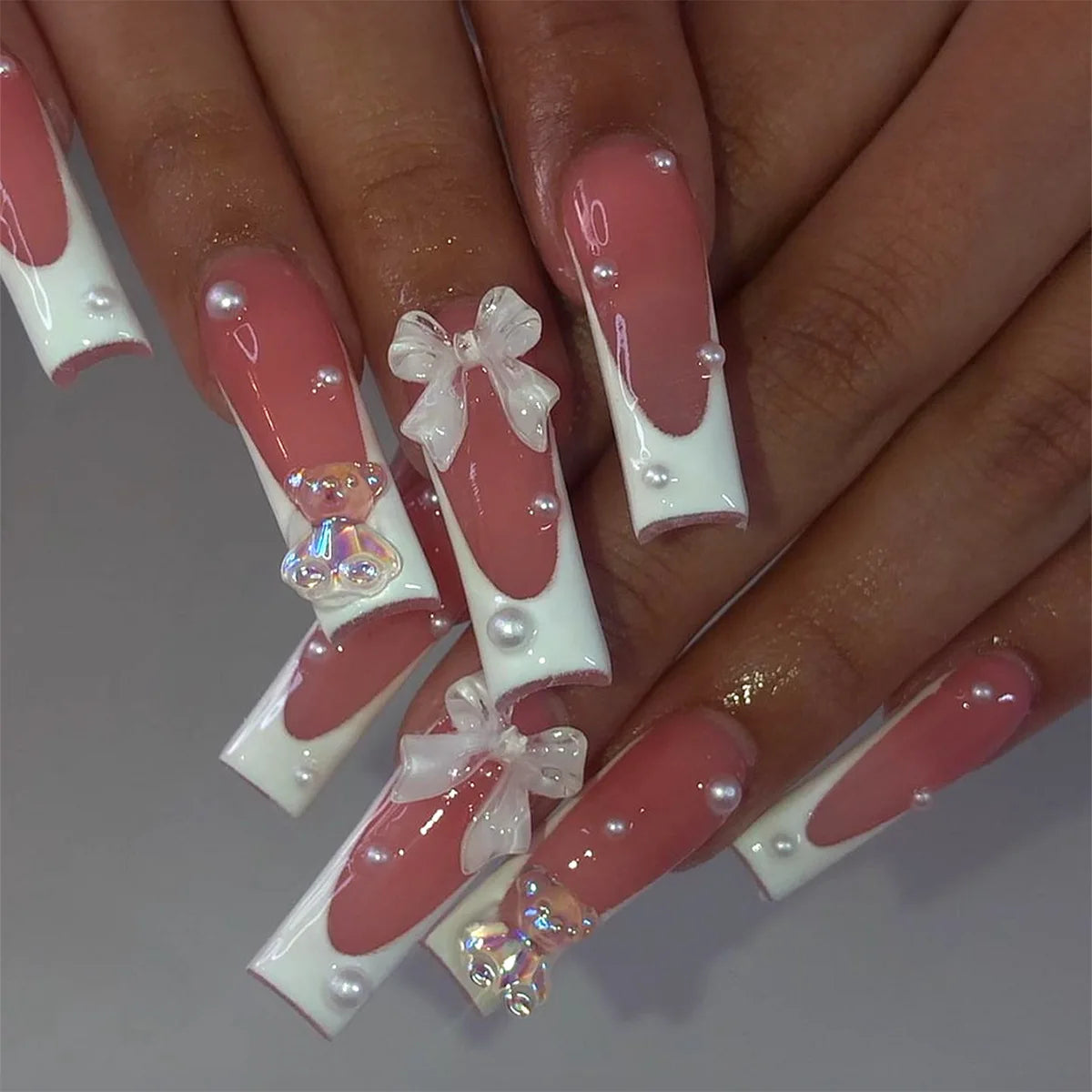 24pcs White French Square Tips Press on Nails Sets Finished Long Ballet Fake Nail Bow Pearl Design Stick on Wearable False Nail