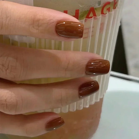 24pcs Brown Short Square False Nails Classic Solid Color Design Simple Fake Nails Ballet Full Cover Nail Manicure Tips for Girls
