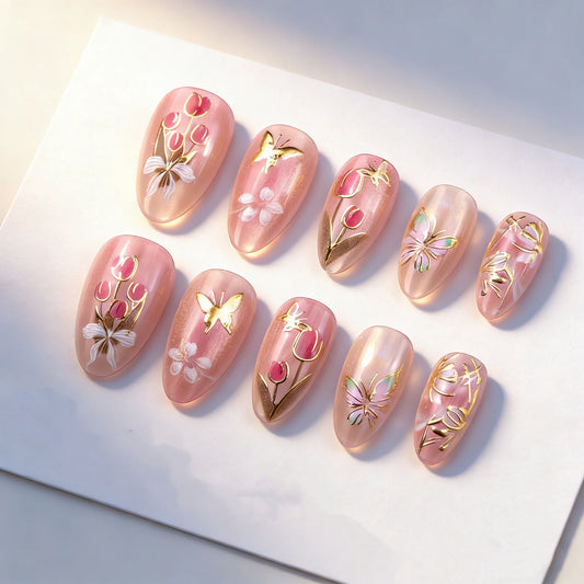 24Pcs Mid-length Almond Full Cover Nails Tips French 3D Bow Flower Fake Nails Pearl Detachable Artificial Press on False Nails