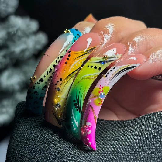 20pcs Curve False Nail Set Colorful Stripe Smudge Design Fake Nail French Square Press on Nails Tip Rhinestone Wearable Manicure