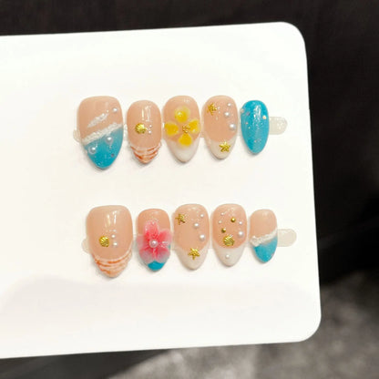 10Pcs 3D Flower Almond Handmade Press on Nails Fake Nails Wearable Stick-on Nails False Nail Uñas Postizas Накладные Ногти 네일팁