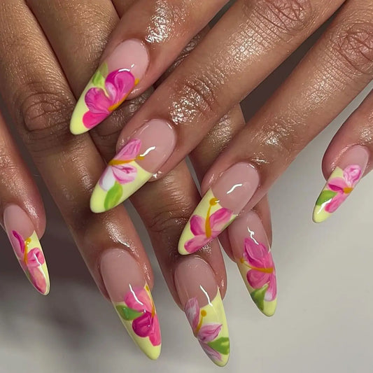 24Pcs Long Stiletto Fake Nails Yellow French Flower with Design Press on False Nails Detachable Artificial Full Cover Nails Tips