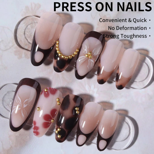 Elevate Your Style with, 24pcs/set Long almond Press on nails tips French Acrylic Fake Nail，Embellished with gold steel beads，Fi