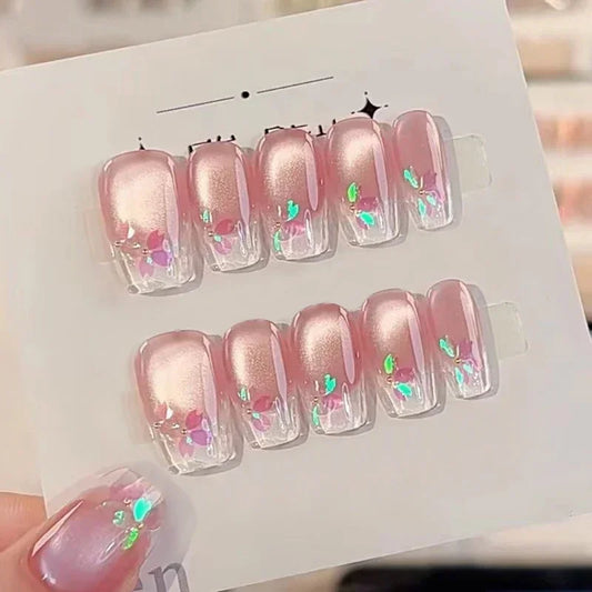 10Pcs Handmade Press on Nails Full Cover Shiny Cat Eye Butterfly Design Pink False Nails French Square Ballet Wearable Manicure