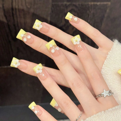 10pcs Little Fresh Yellow French False Nails Short Duckbill Shaped Gentle Handmade Fake Nails With 3D White Flower Press On Nail