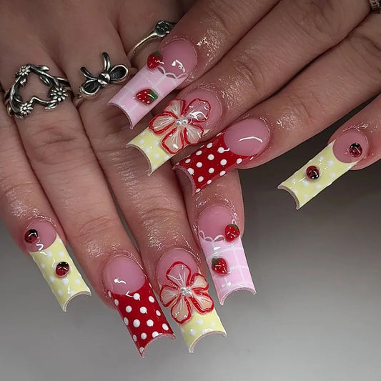 24pcs Long Coffin Sweet Girl Fake Nail Strawberry Wave Point Flower Printed Press On Nail Dopamine Plaid French Style False Nail