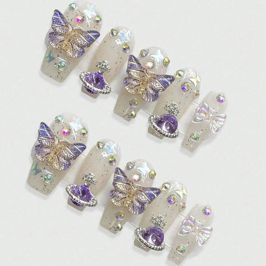 10PCS Nail Manual Pressing Nail Medium-Sized Long Coffin Pink Purple Butterfly Planet Design Fake Tip