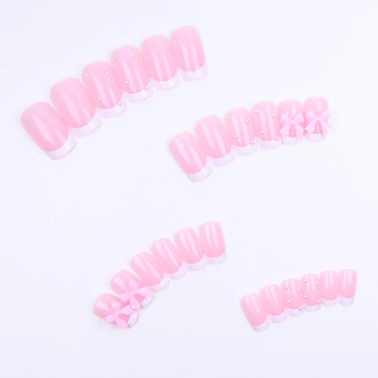 24PCS Square Press Style Nails, Medium Length Pearl Bow Design, Pink French Pointed Fake Nails, Cute Full Coverage Nails