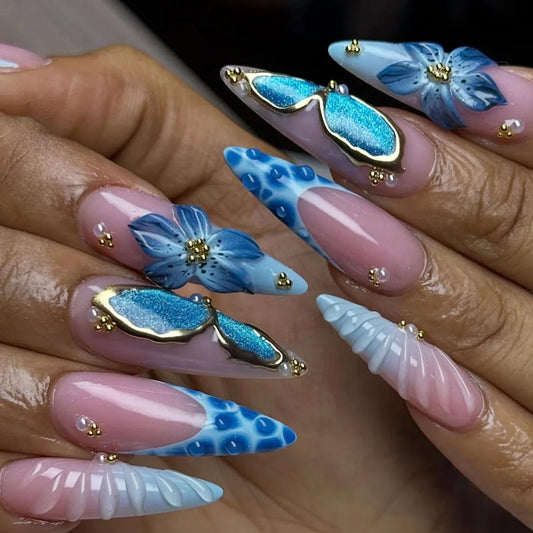24Pcs Blue Gradient French Pearl Press on False Nails 3D Cat's Eye Gilded Flower Manicure Tips Long Stiletto Wearable Fake Nails