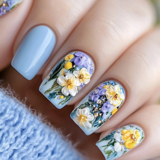 24pcs Square Nails Art Press on Idyllic Blue False Nails Tips Flower Design Pattern Ballet Fake Nail Sets Detachable Manicure