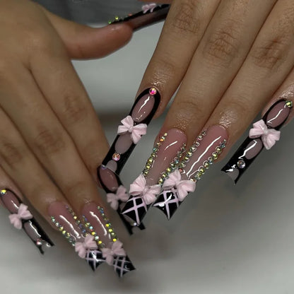 24Pcs Long Square Head French Fake Nail Tips 3D Love Heart Design Press on Nails with Rhinestone Pattern Wearable False Nail Art