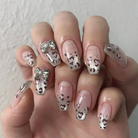 24pcs French Style Leopard Print Press On Nails Gradient Short Ladder Shiny Cat's Eye False Nail Metal Bows Sweet Cool Fake Nail
